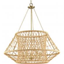  P400324-163 - Laila Collection Five-Light Vintage Brass Coastal Chandelier with Woven Jute Accents