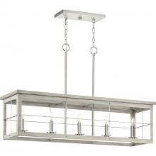  P400254-009 - Hedgerow Collection Five-Light Brushed Nickel and Grey Washed Oak Farmhouse Style Linear Island Chan