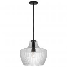  60/7705 - Destin; 1 Light Medium Pendant; Medium Base; Black And Silver Accent Finish; Clear Ribbed Glass